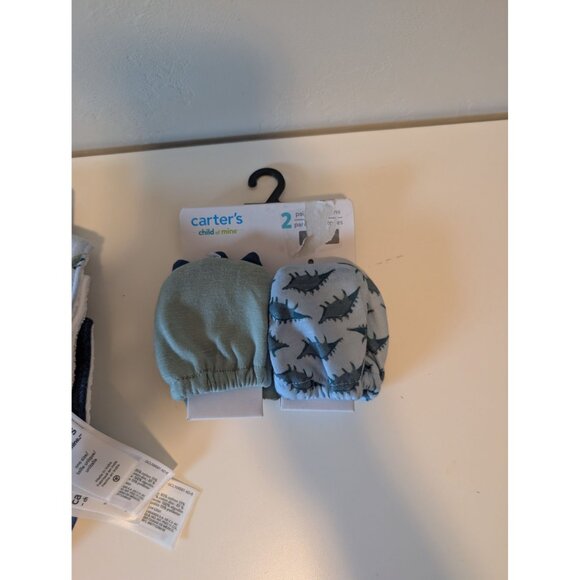 Carters Child Of Mine 3-Pack Bandana Bibs & 2-Pack Mittens Dinosaur Print Baby A - Picture 2 of 5